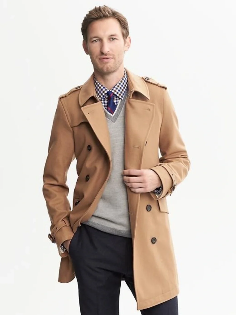 Banana Republic Camel Wool Belted Double Breasted Trench Coat Small